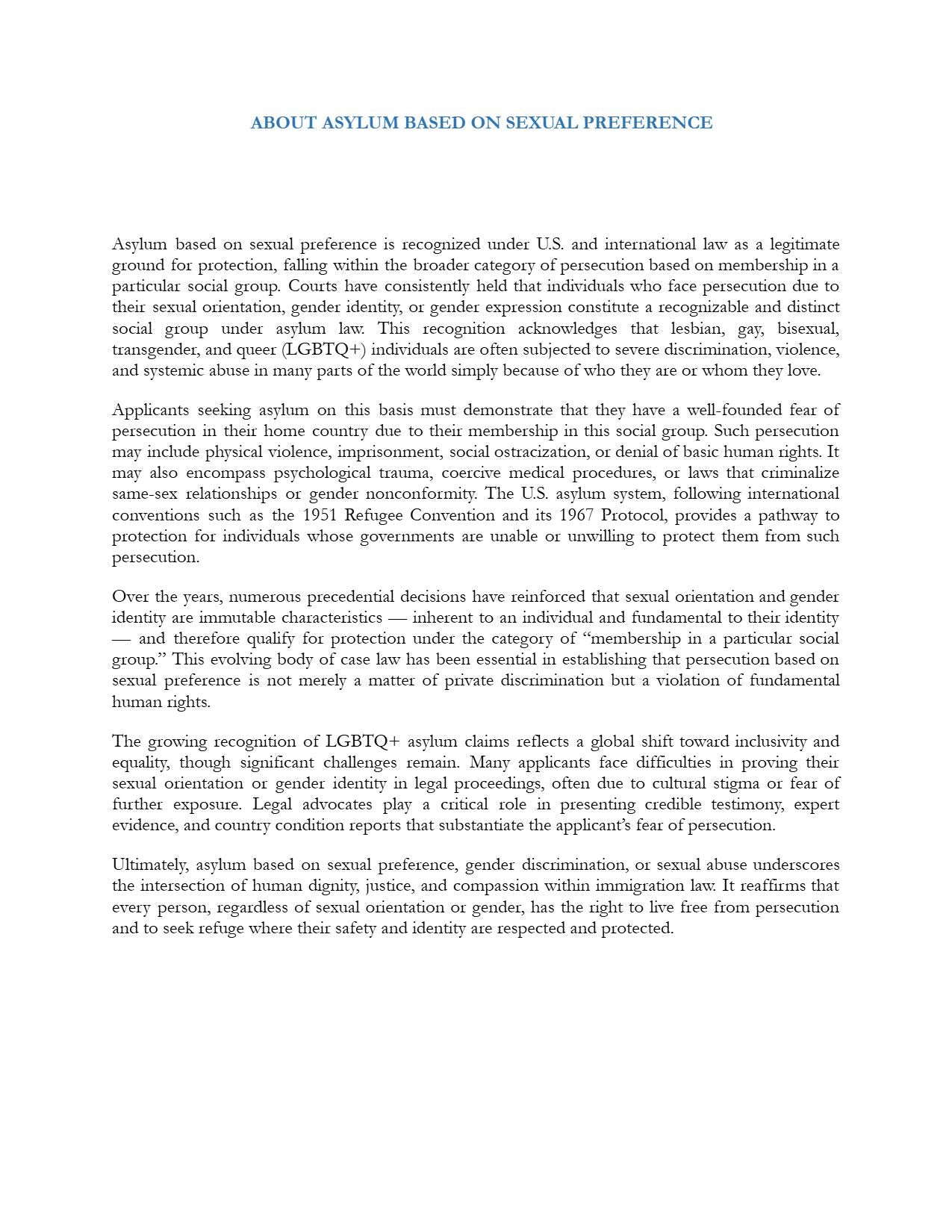 Application for Asylum Based Upon Gender Discrimination and Sexual Abuse