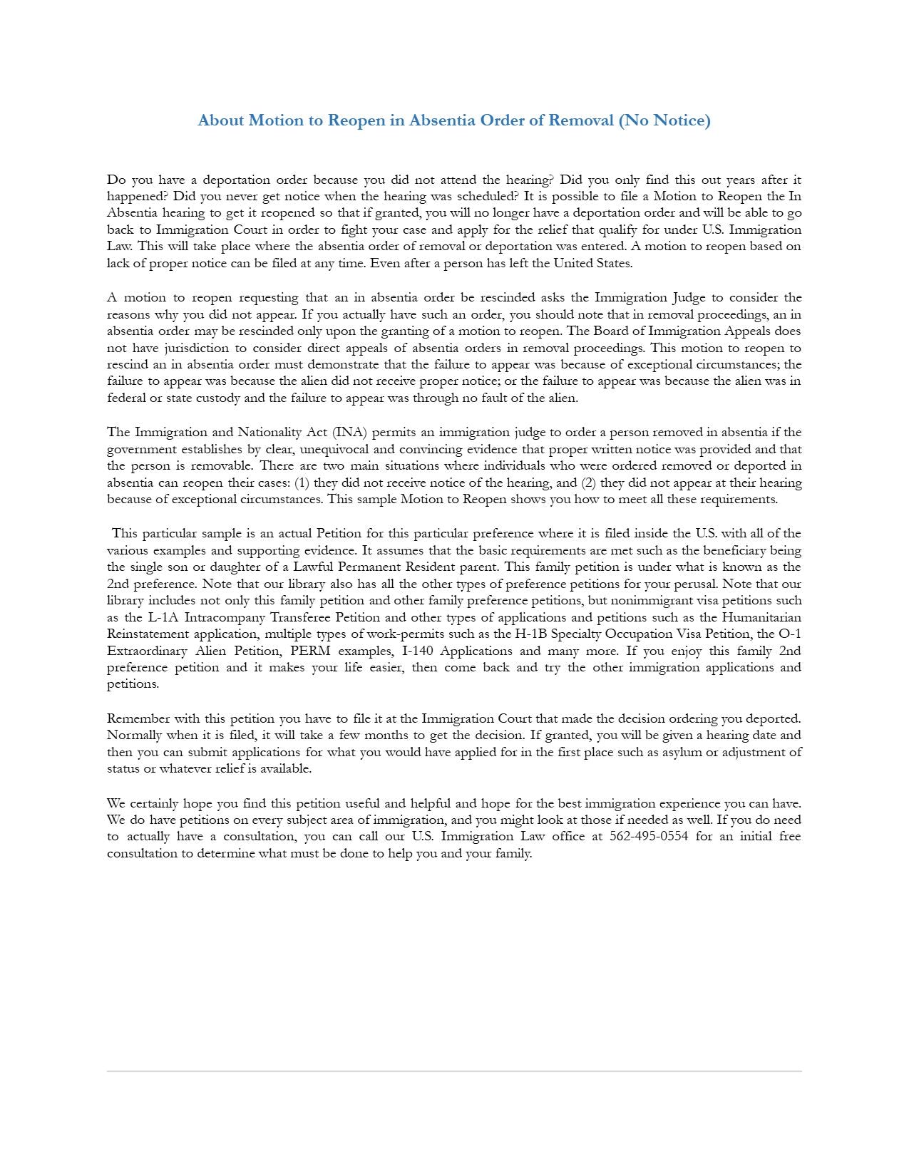 Motion to Reopen In Absentia Order of Removal (No Notice)